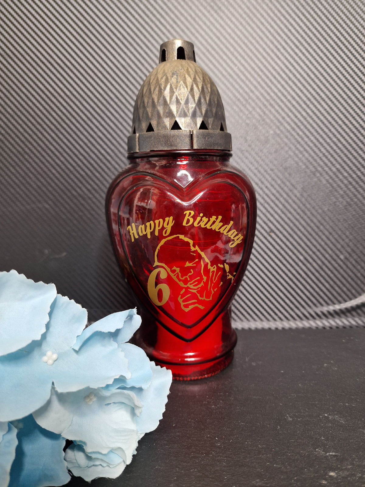 Personalisiertes Herz-Grablicht mit Wunschmotiv – Glas, ca. 22 cm